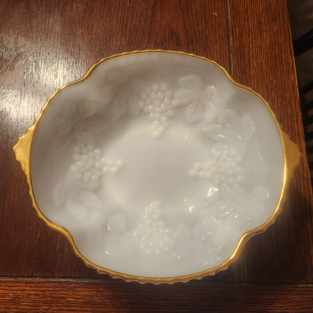 Vintage Anchor Hocking Milkglass Bowl With Grape & Vine Pattern and Gold Trim